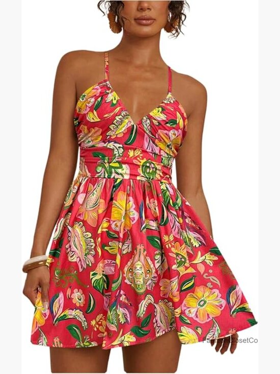 Dresses & Skirts - Boho Tropical Mini Dress Spaghetti Strap Criss Cross Tie Back Sundress